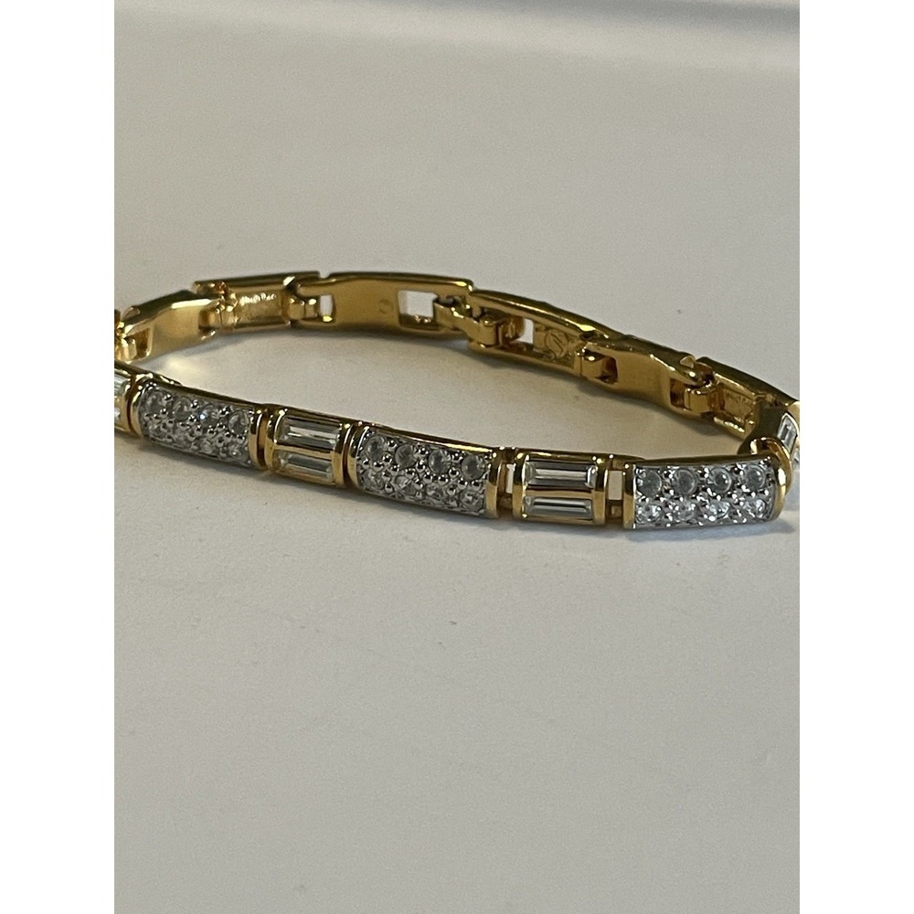 Authentic Swarovski Gold Plated Tennis Bracelet Baguette Pave 8"
